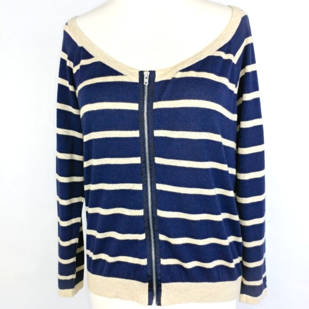 H & M Women's Navy Tan Long Sleeve Full Zip Cardigan Sz Medium
